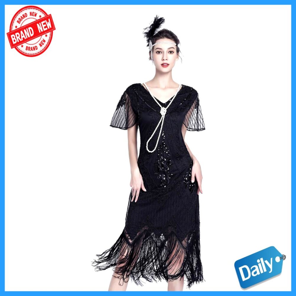 1920s Flapper Dress with Beads, V-Neck, Knee Length, Great Gatsby Party